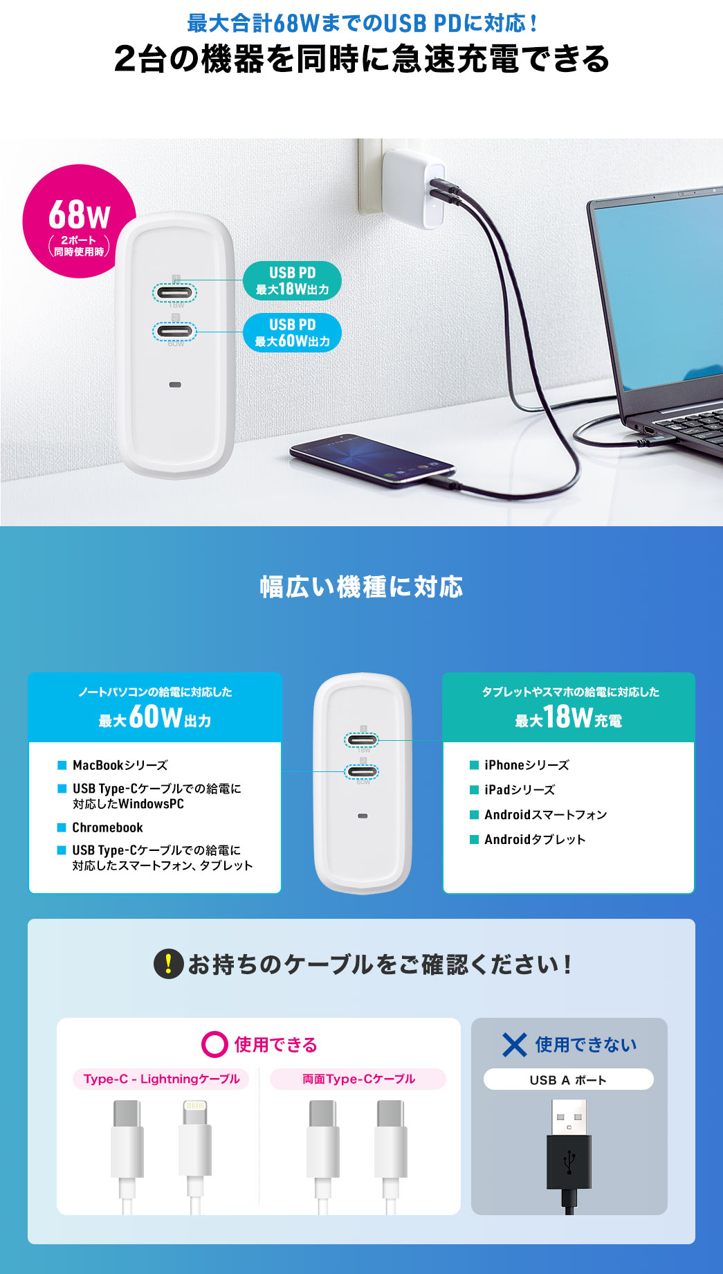 最大合計68WまでのUSB PDに対応!2台の機器を同時に急速充電できる 幅広い機種に対応