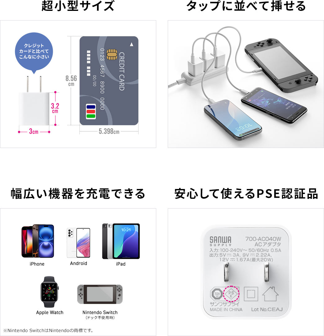 超小型サイズ タップに並べて挿せる 幅広い機器を充電できる