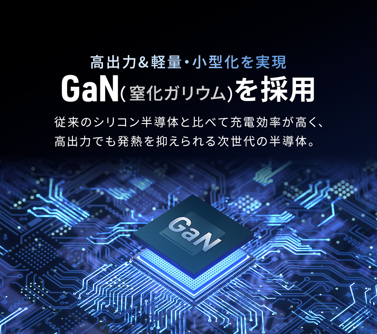 従来のシリコン半導体と比べて充電効率が高く、 高出力でも発熱を抑えられる次世代の半導体であるGaN（窒化ガリウム）を採用し高出力&軽量・小型化を実現。