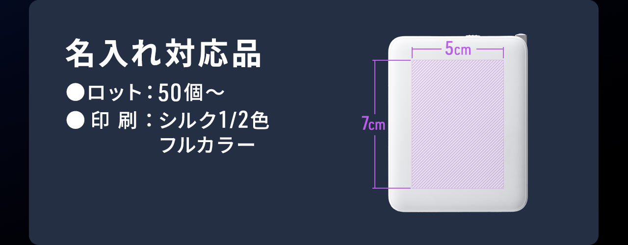 本製品は、名入れ対応品です。ロット数：50個から、印刷方式：シルク1/2色、フルカラー、印刷範囲：5cm×7cm。