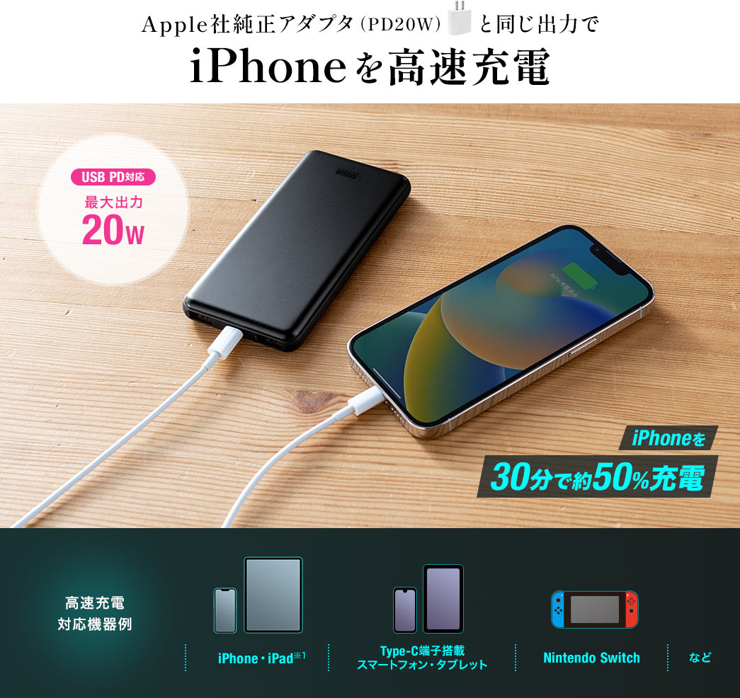 Apple社純正アダプタ（PD20W）と同じ出力でiPhoneを高速充電 USB PD対応 最大出力20W