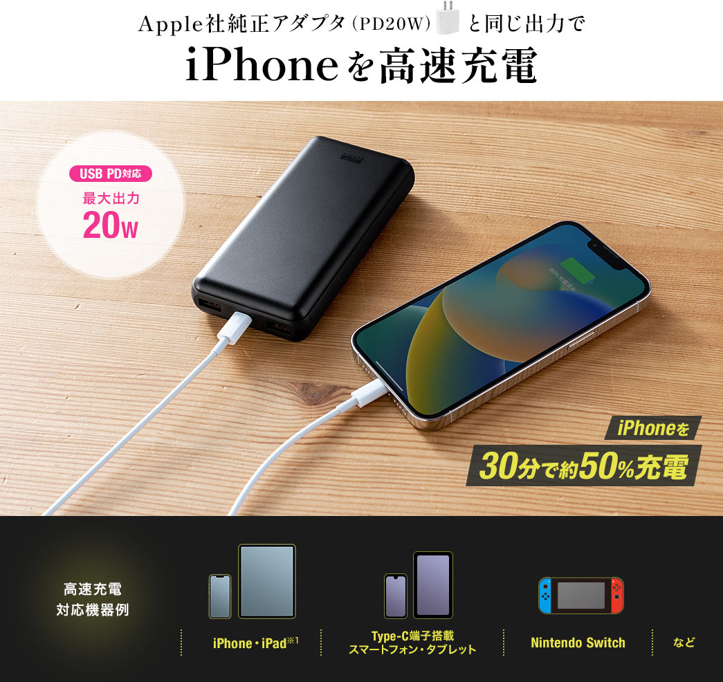 Apple社純正アダプタ（PD20W）と同じ出力でiPhoneを高速充電 USB PD対応 最大出力20W