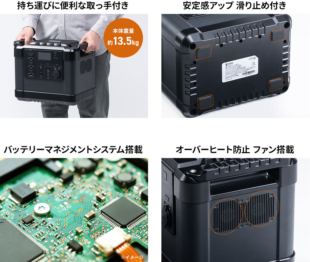 持ち運びに便利な取っ手付き 安定感アップ 滑り止め付き バッテリーマネジメントシステム搭載 オーバーヒート防止 ファン搭載