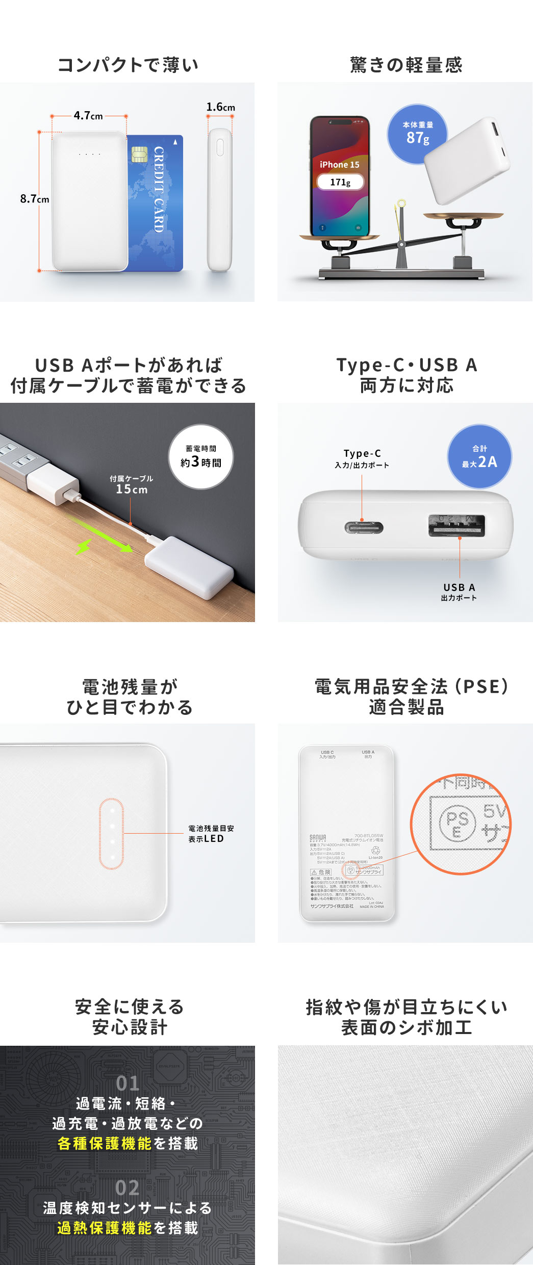 コンパクトで薄い 驚きの軽量感 付属のショートケーブルで蓄電ができる Type-C・USB A 両方に対応 電池残量がひと目でわかる 電気用品安全法（PSE）適合製品 安全に使える安心設計 指紋や傷が目立ちにくい表面のシボ加工