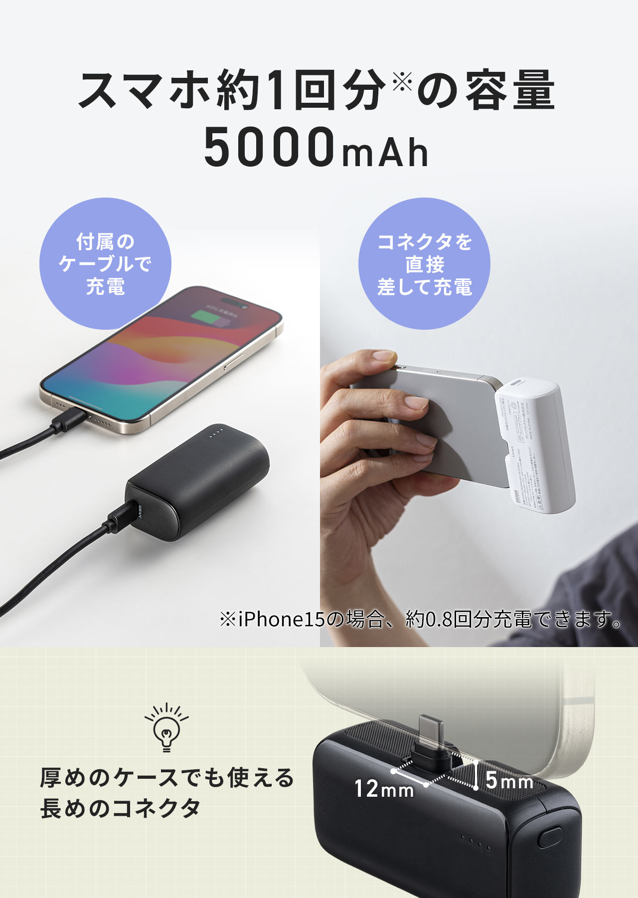 スマホ約1回分の容量5000mAh