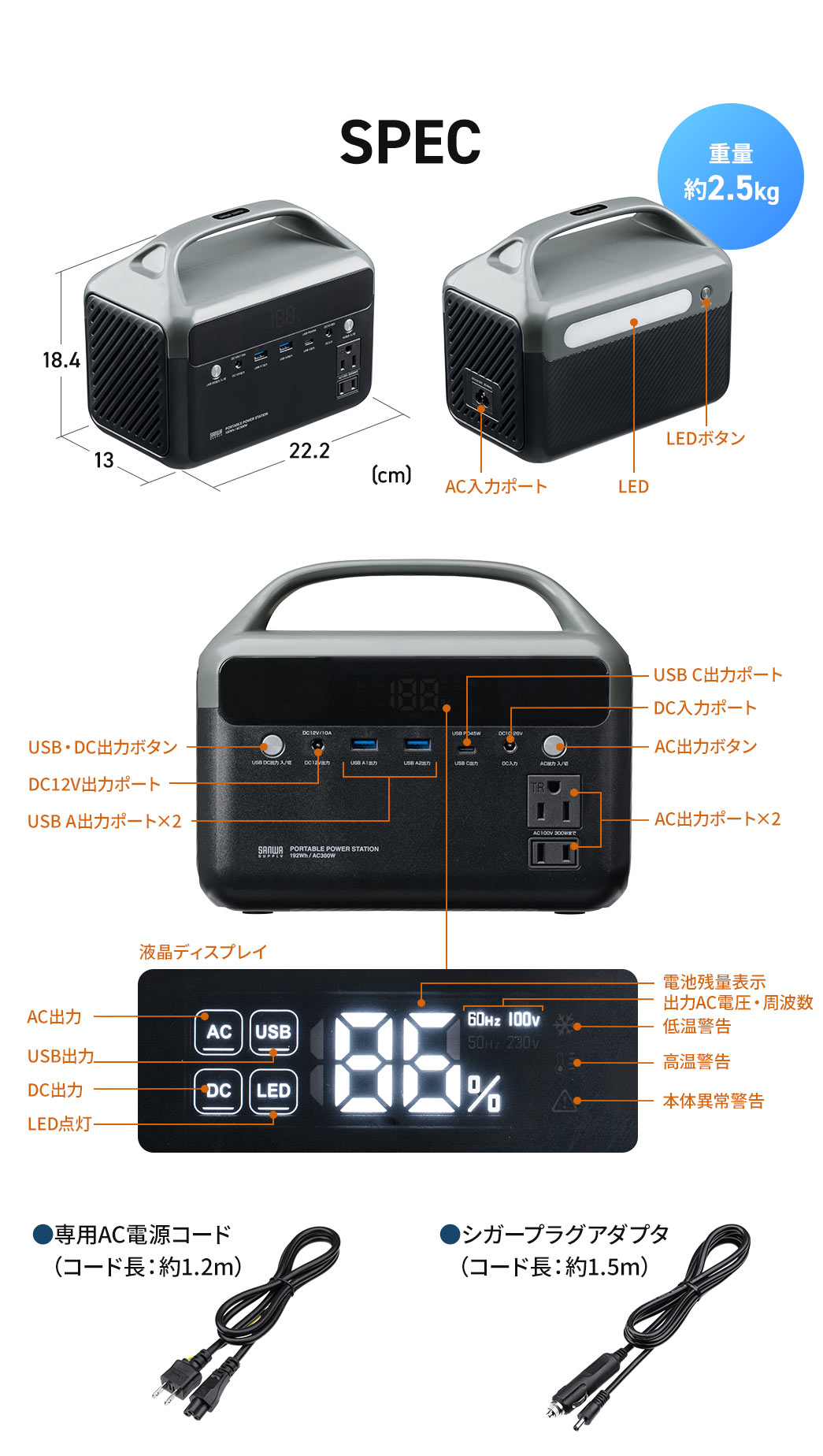 SPEC:本体サイズは幅22.2cm×奥行き13cm×高さ18.4cmで重量約2.5kg。付属品は専用AC電源コードとシガープラグアダプタを付属しています。
