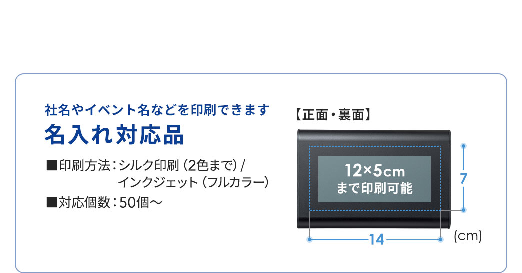 社名やイベント名を印刷できる名入れ対応品で、印刷範囲は12×5cmまで、シルク印刷（2色まで）・インクジェット（フルカラー）に対応、50個から注文可能です。