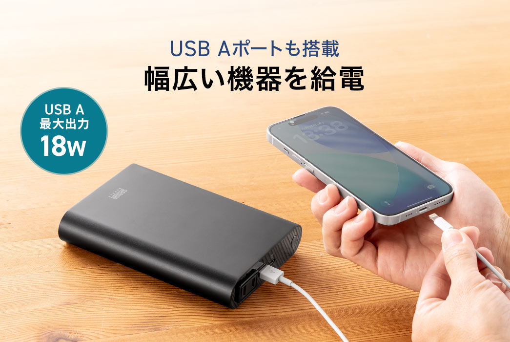 2ポート同時出力18W、USB機器を2台同時でも給電可能