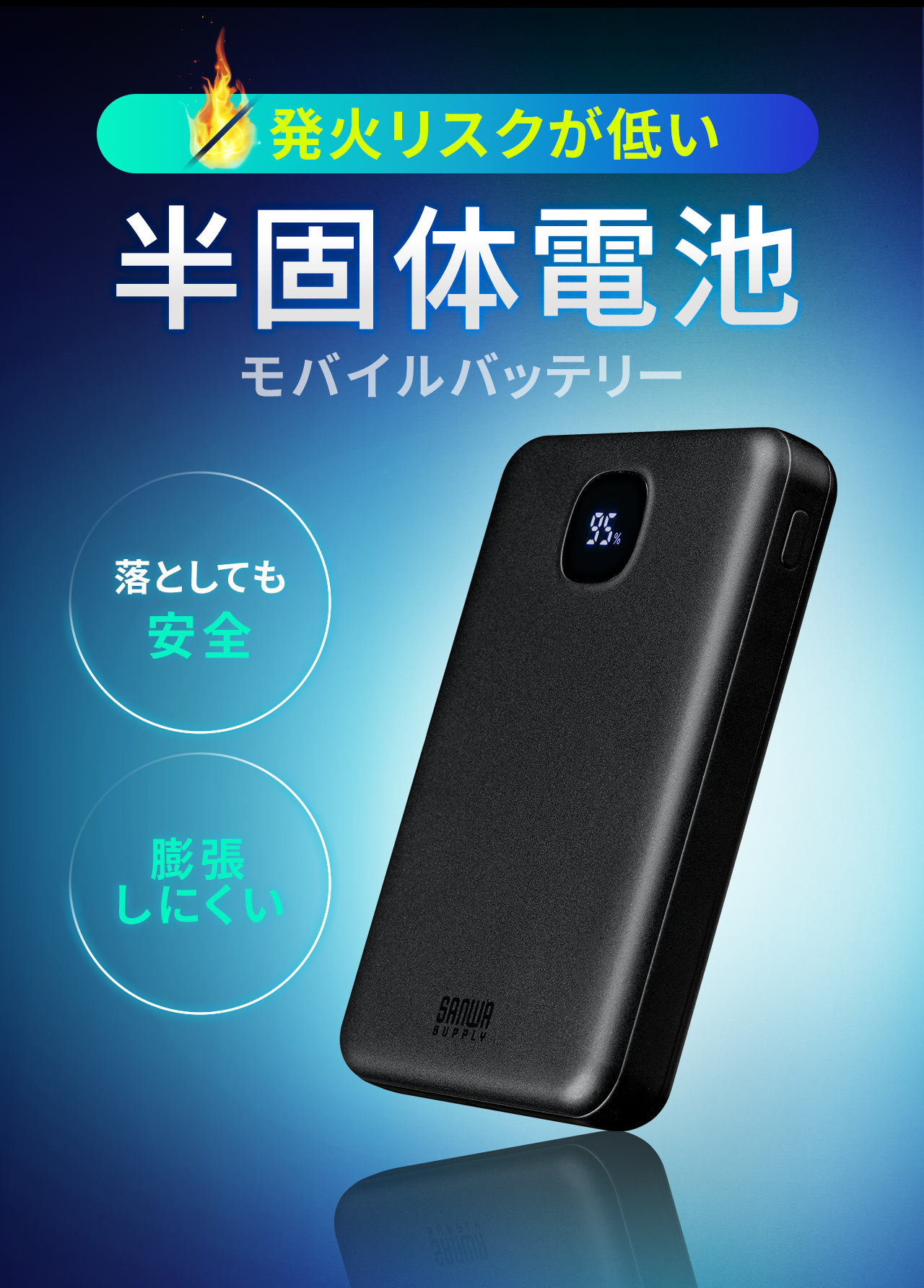 発火リスクが低い半固体電池モバイルバッテリー。落としても安全で放電温度範囲は-20~60°Cです。