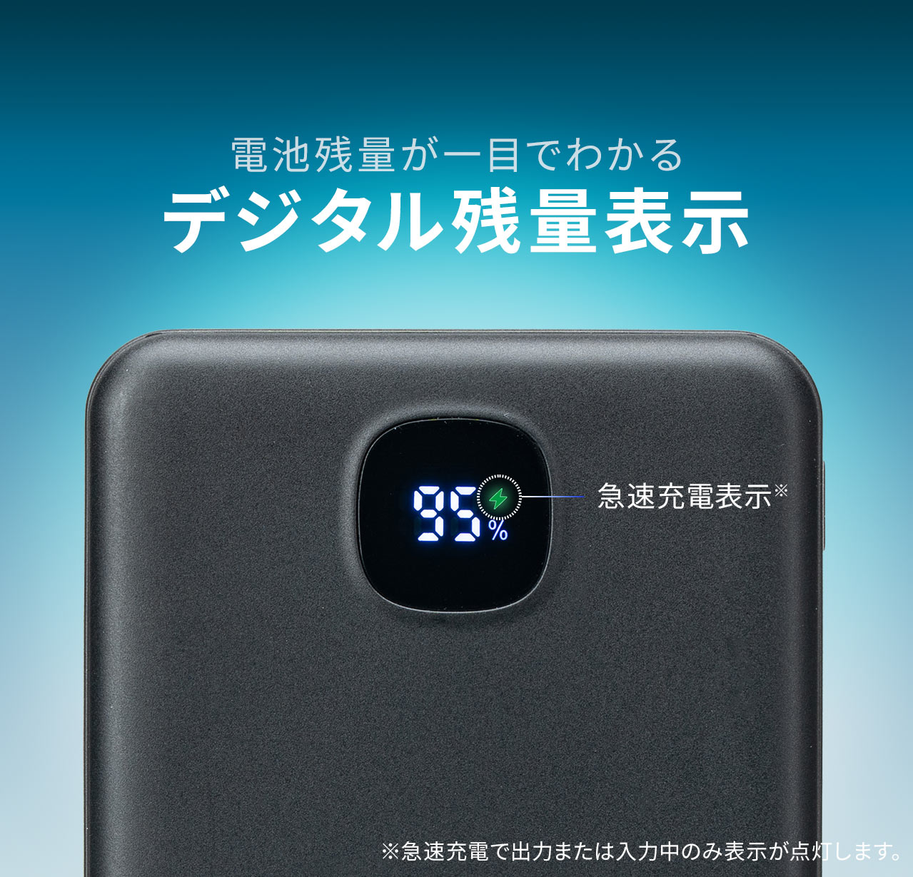 電池残量が一目でわかるデジタル残量表示を搭載。※急速充電で出力または入力中のみ表示が点灯します。