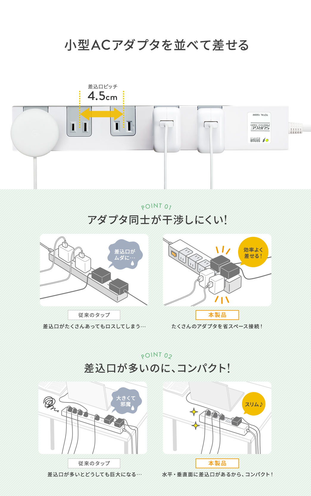 小型ACアダプタを並べて差せる