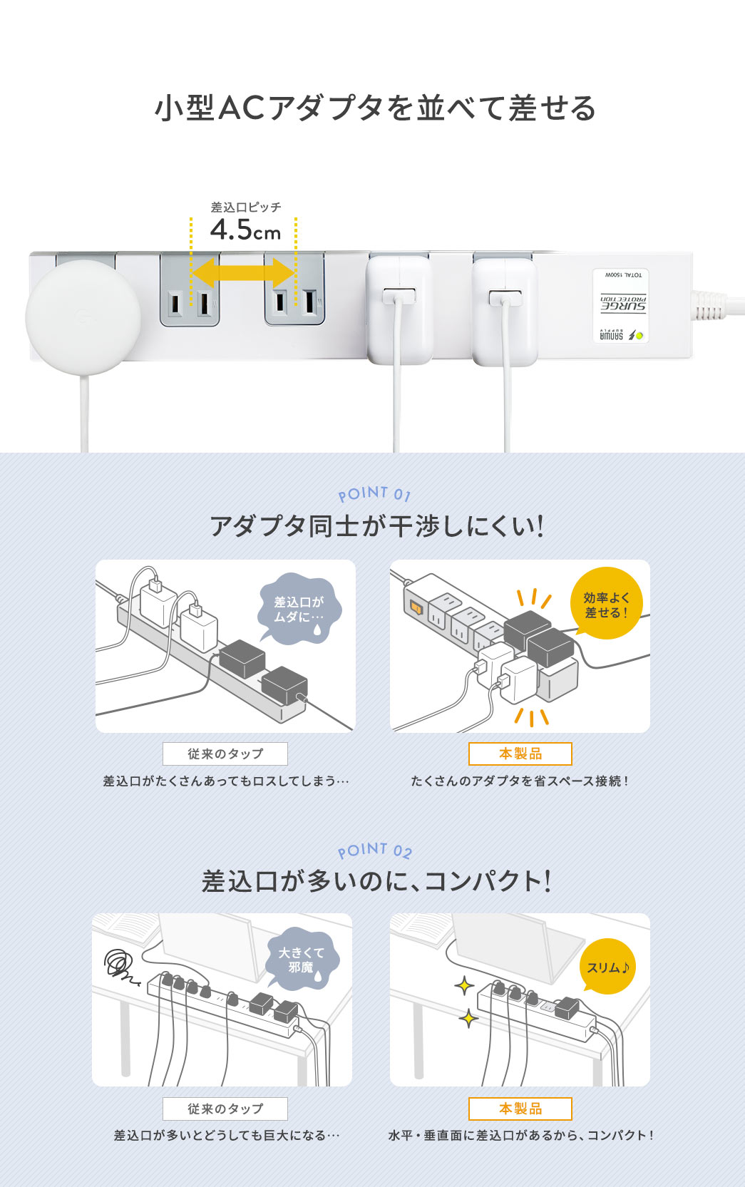 小型ACアダプタを並べて差せる