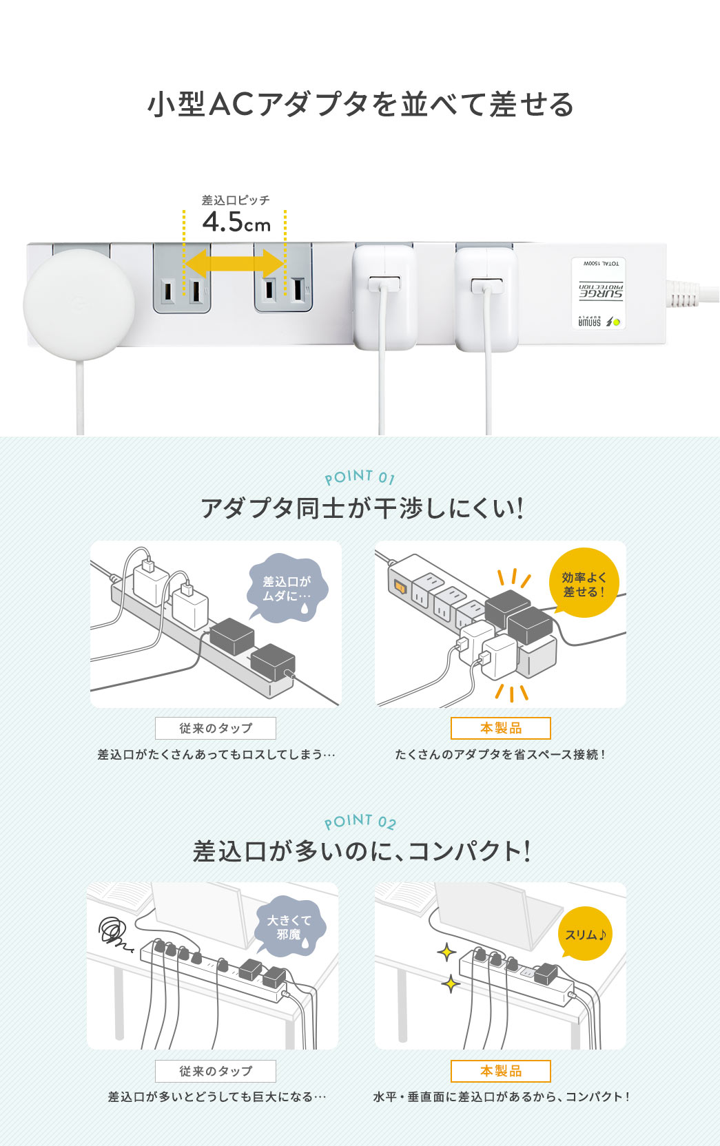 小型ACアダプタを並べて差せる