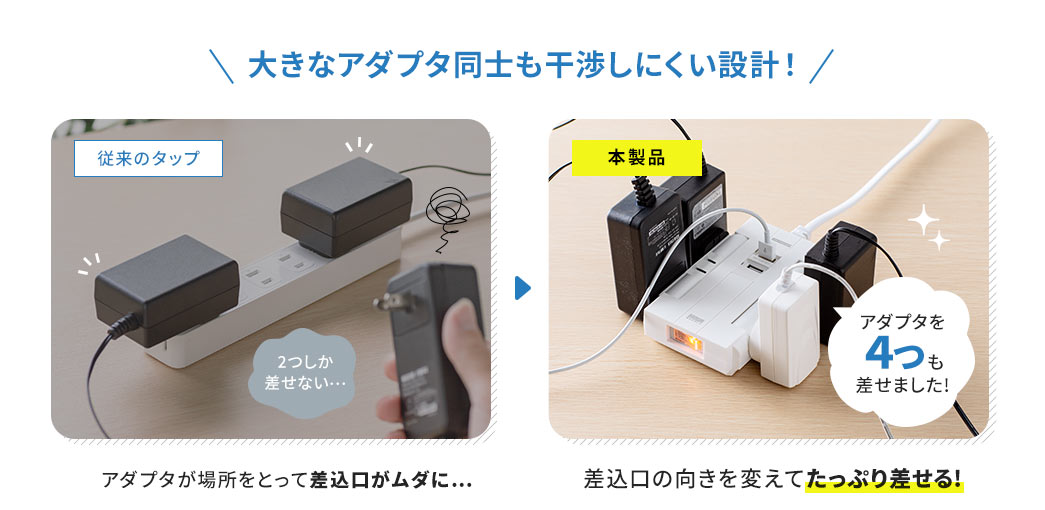 大きなアダプタ同士も干渉しにくい設計！