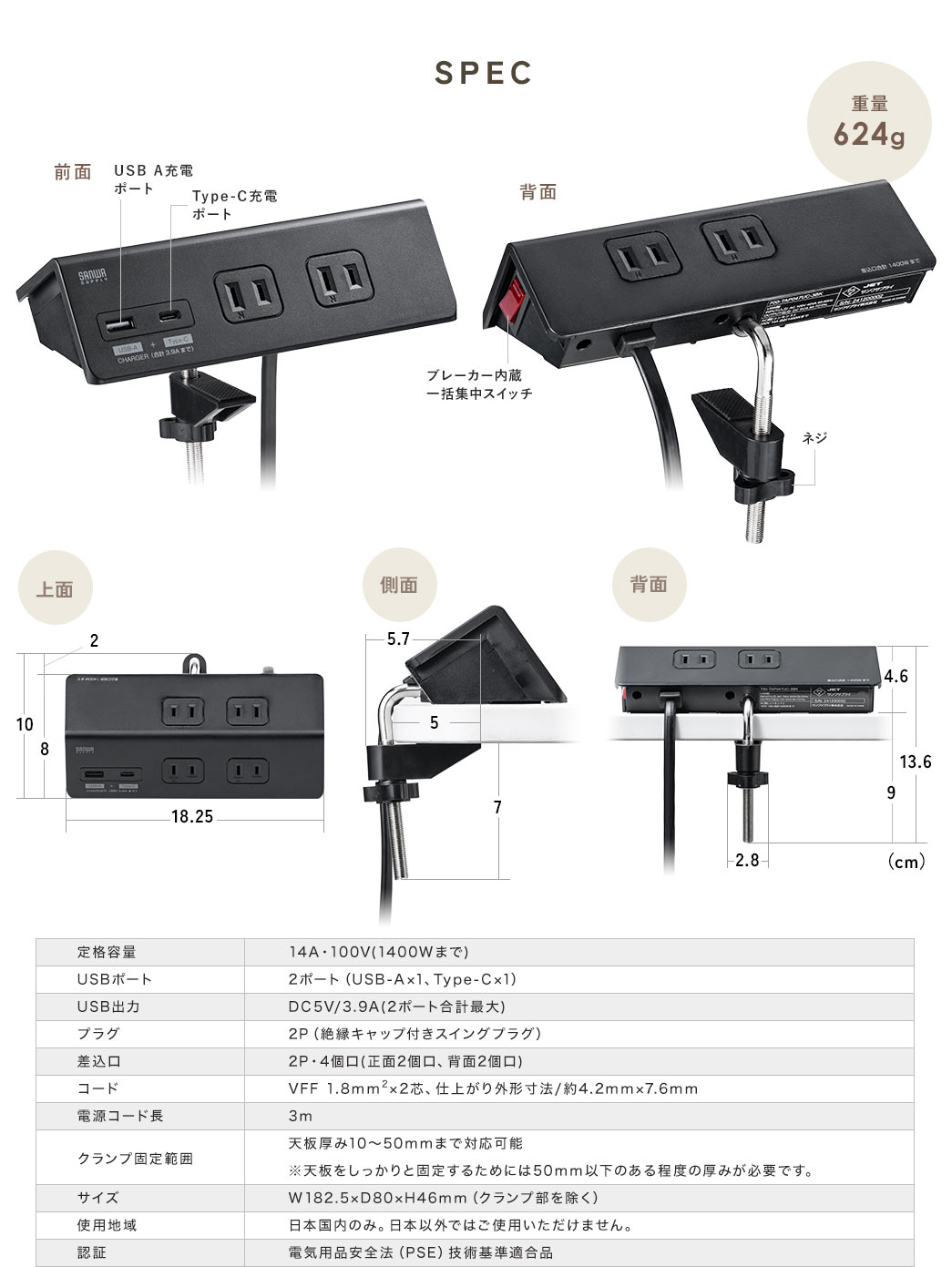 SPEC、重量624g、定格容量、14A・100V(1400Wまで)。USBポート、2ポート（USB-A×1、Type-C×1）。USB出力、DC5V/3.9A(2ポート合計最大)。プラグ、2P（絶縁キャップ付きスイングプラグ）。差込口、2P・4個口(正面2個口、背面2個口)。