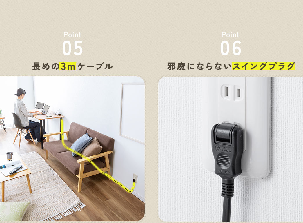 長めの3mケーブル 邪魔にならないスイングプラグ