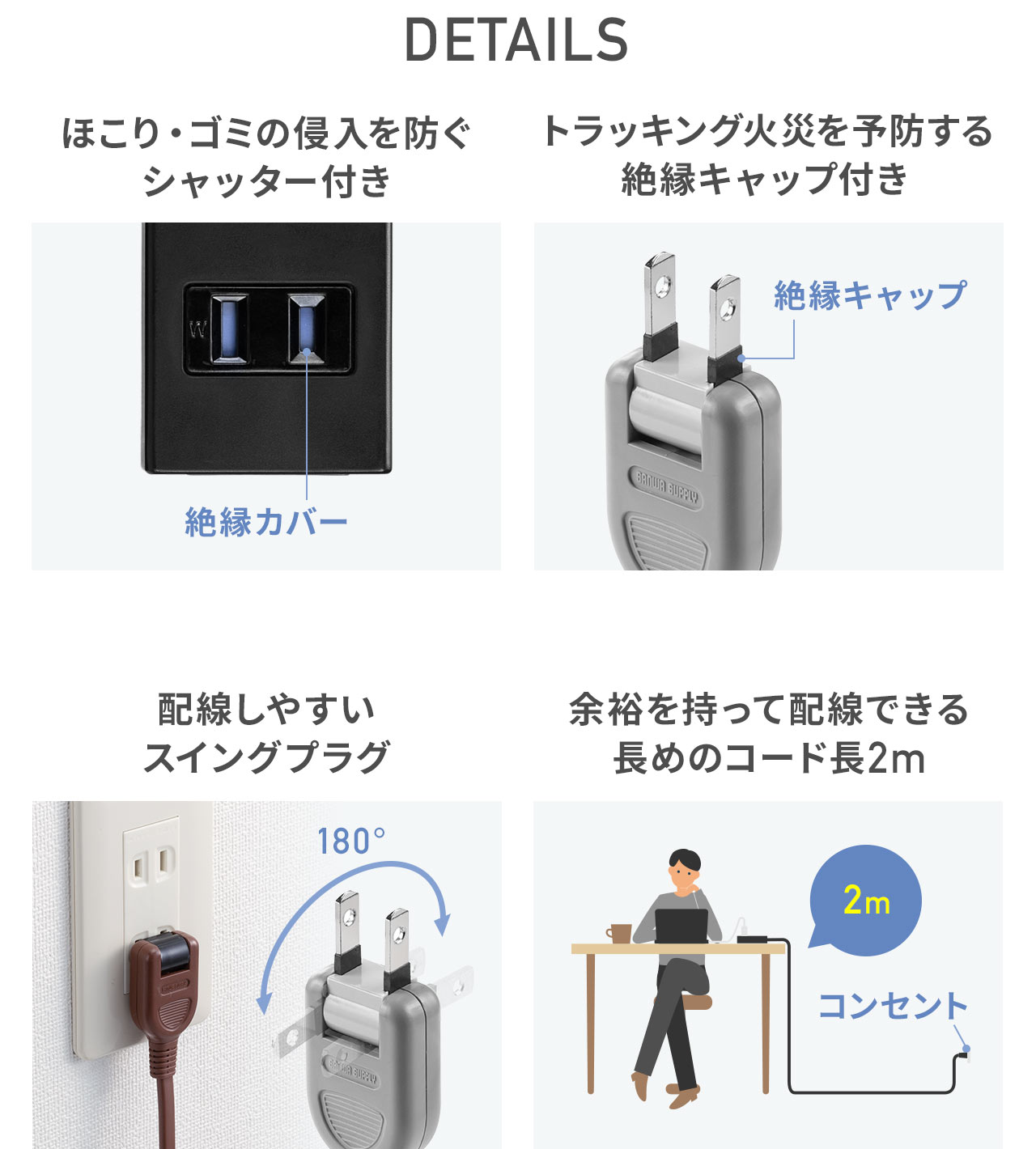 DETAILS。ほこりやゴミの侵入を防ぐシャッター付きで、トラッキング火災の予防にする絶縁キャップを備えています。配線しやすいスイングプラグを採用し、余裕を持って配線できるコード長2mです。