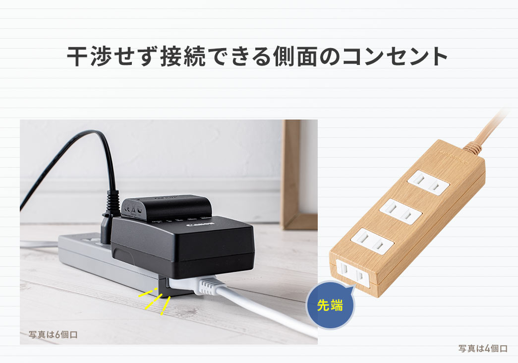 干渉せず接続できる側面のコンセント