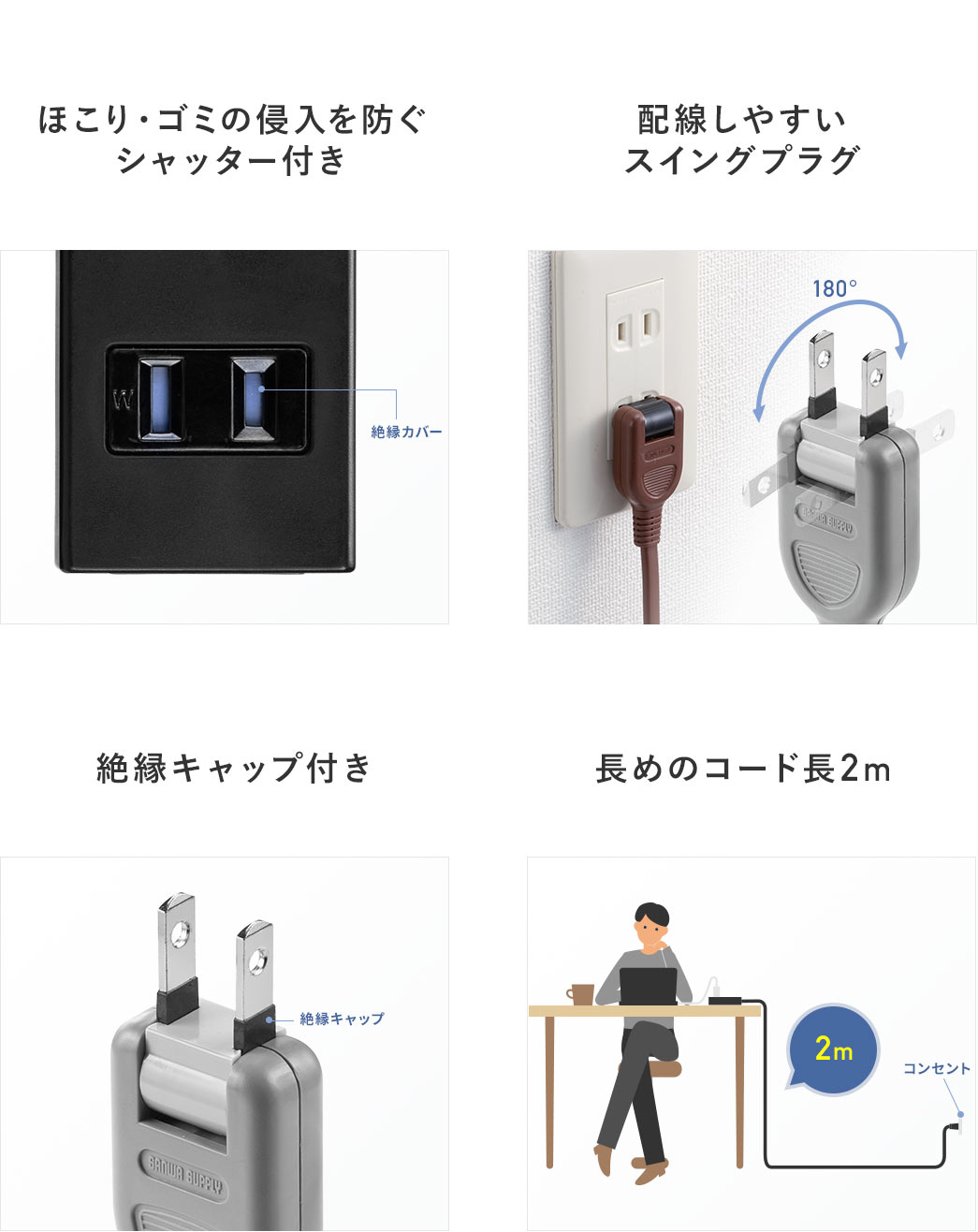 ほこり・ゴミの侵入を防ぐシャッター付き 配線しやすいスイングプラグ 絶縁キャップ付き 長めのコード長2ｍ