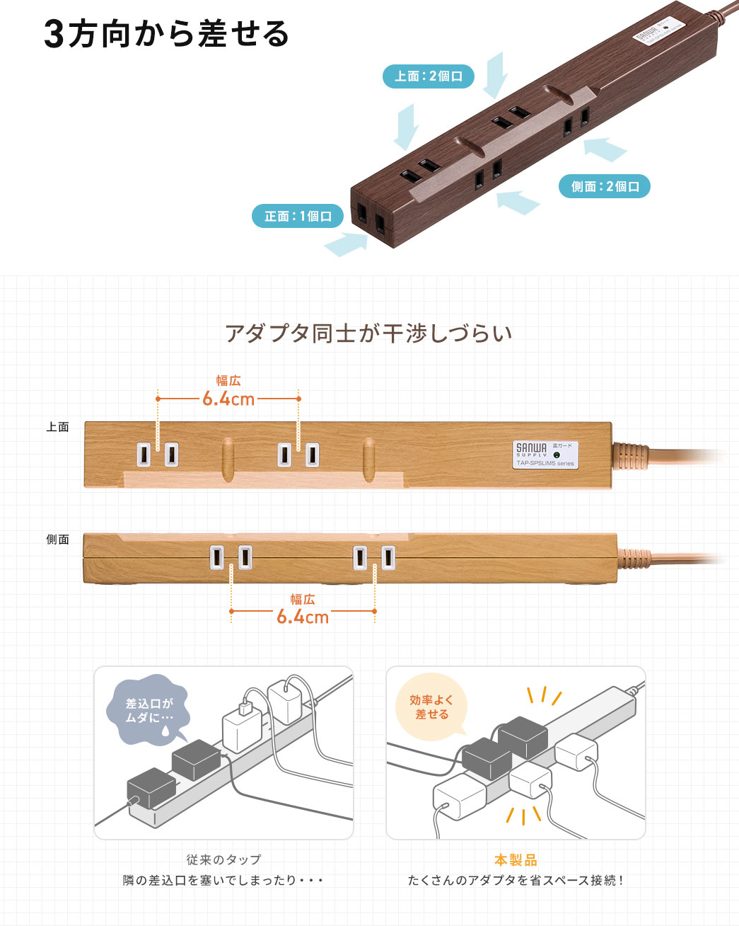 3方向から差せる アダプタ同士が干渉しづらい