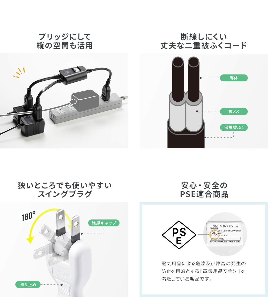 ブリッジにして縦の空間も活用 断線しにくい丈夫な二重被ふくコード 狭いところでも使いやすいスイングプラグ 安心・安全のPSE適合商品