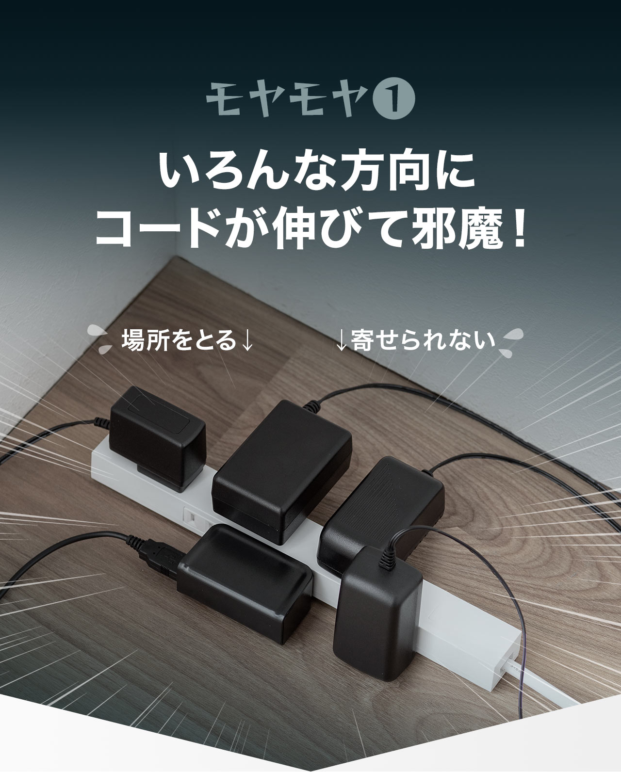 モヤモヤ１、いろんな方向にコードが伸びて邪魔！