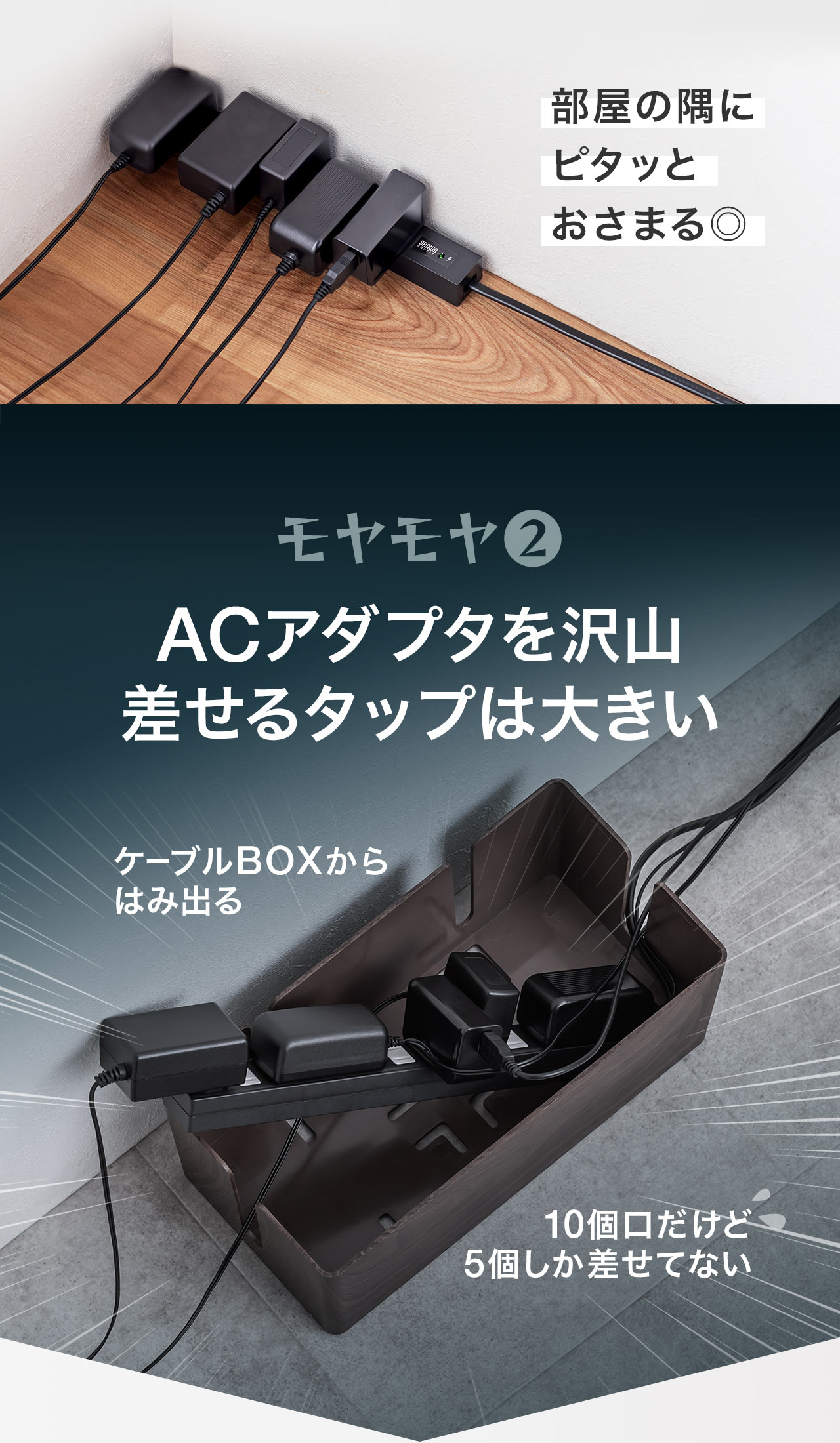 部屋の隅にピタッとおさめることができます。モヤモヤ２、ACアダプタを沢山差せるタップは大きい。