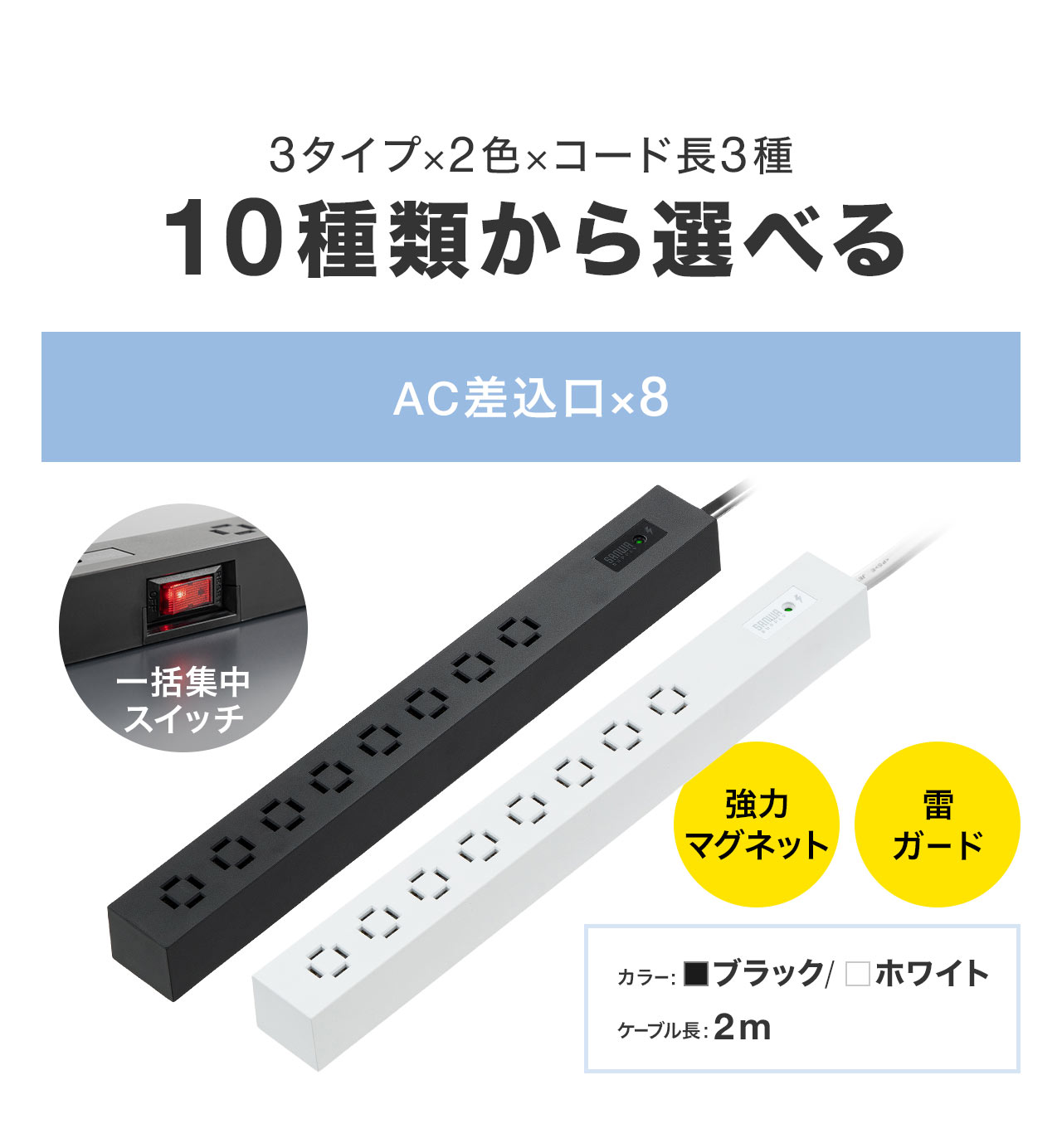 タップのタイプは8個口の雷ガード付きまたはUSBポート付きタップの2タイプあり、カラーはブラックとホワイトの2色展開、コード長は3mと2mと1.5mで計10種類から選択可能。2mタイプは一括集中スイッチ付き。