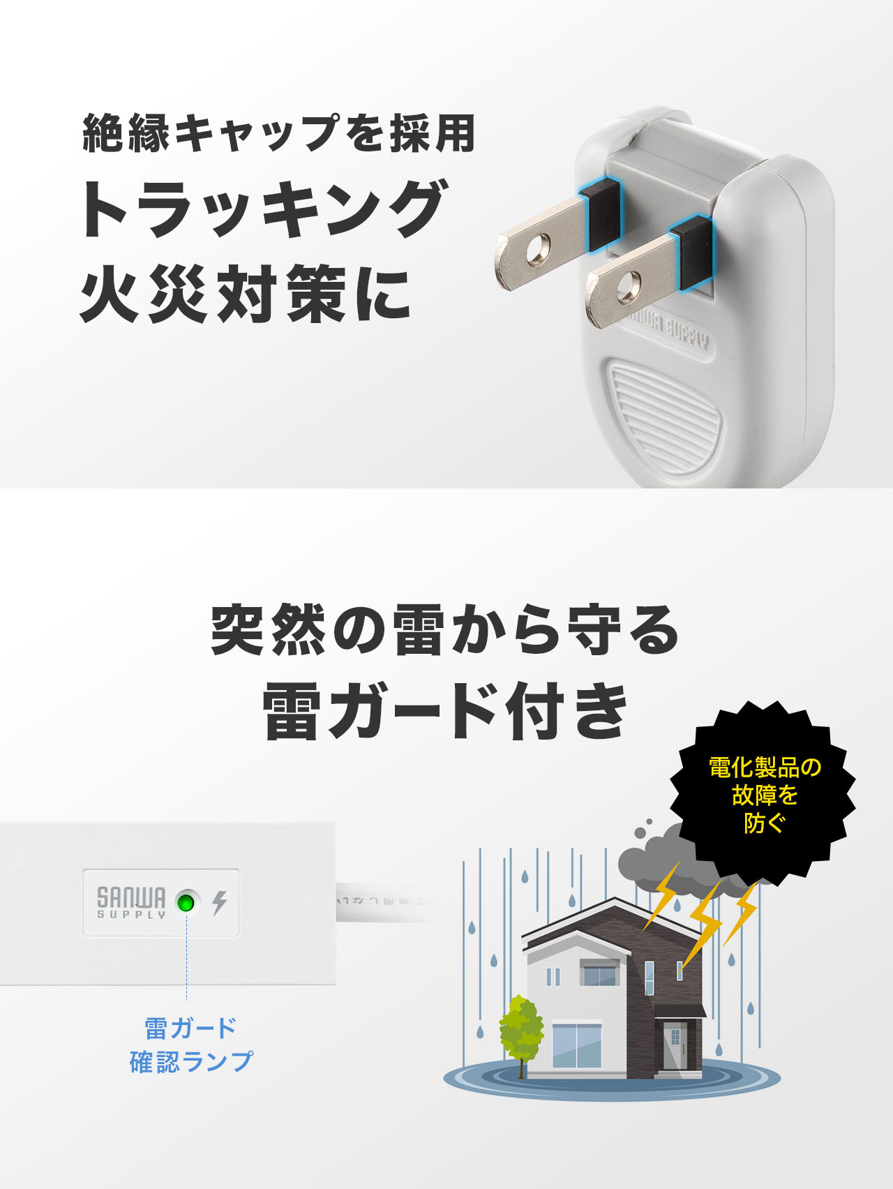 火災対策に絶縁キャップを採用しており、突然の雷から守る雷ガード付き。