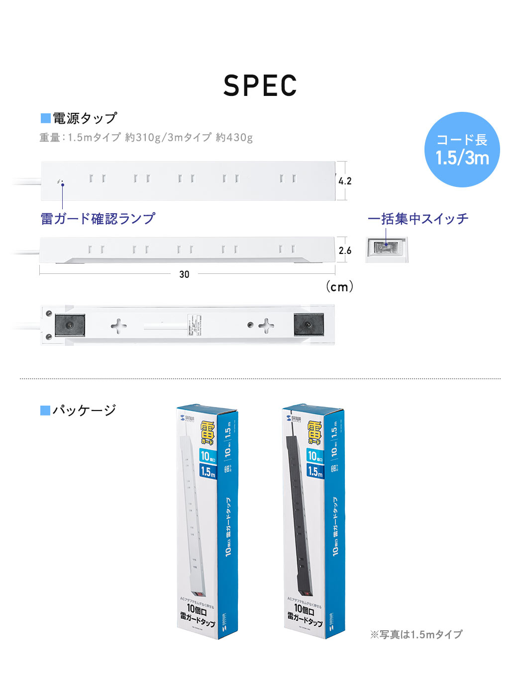 SPEC：幅30cm×奥行き4.2cm×高さ2.6cm、コード長1.5m/3m。