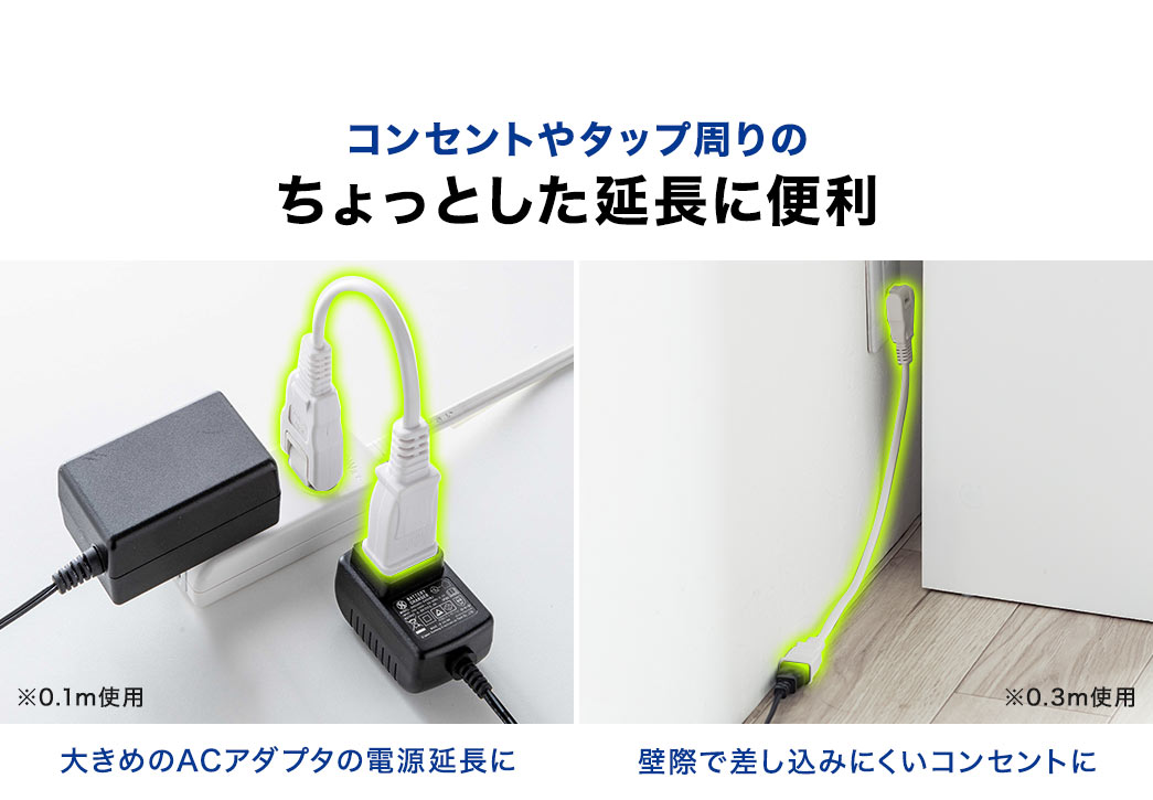 大きめのACアダプタの電源延長や、壁際で差し込みにくいコンセントになど、コンセントやタップ周りのちょっとした延長に便利。