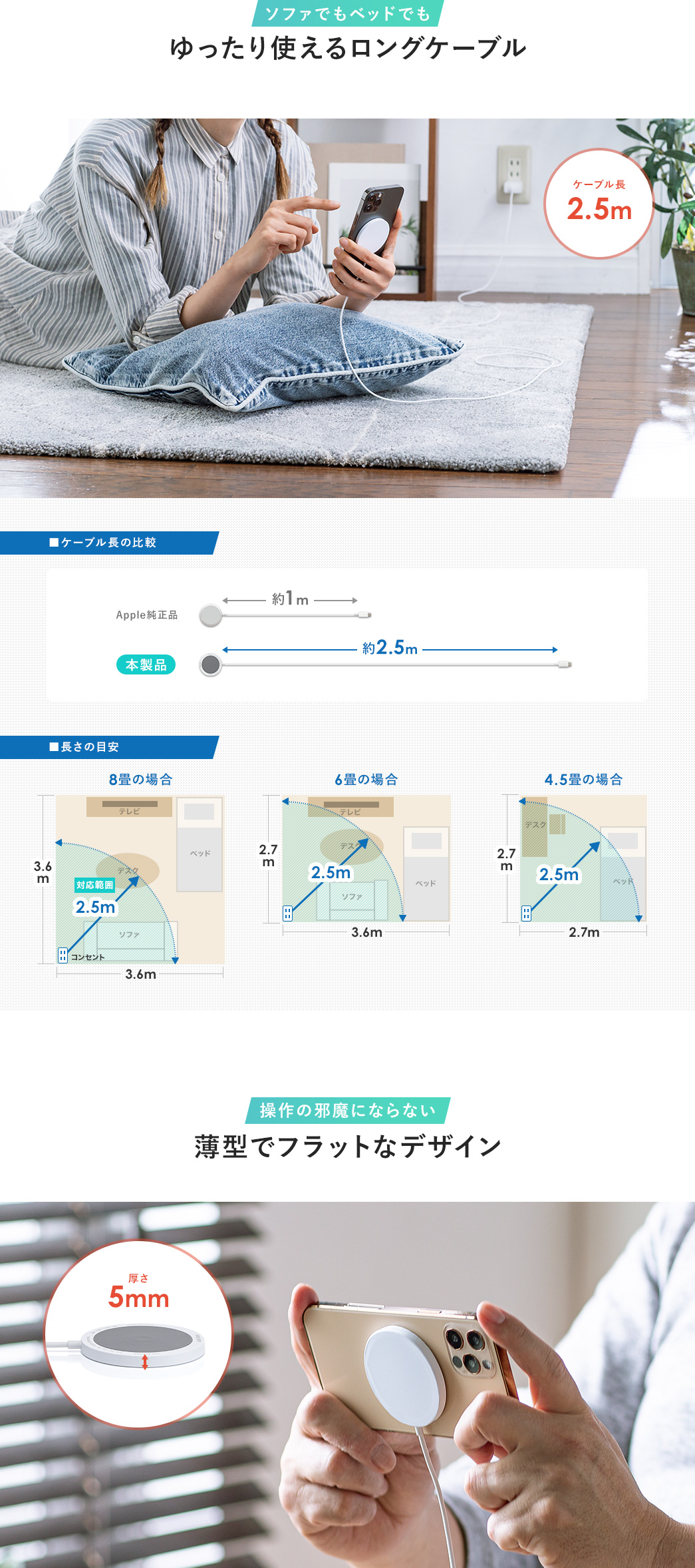 ソファでもベッドでもゆったり使えるロングケーブル ■ケーブル長の比較 Apple純正品約1m 本製品約2.5m ■長さの目安 操作の邪魔にならない 薄型でフラットなデザイン