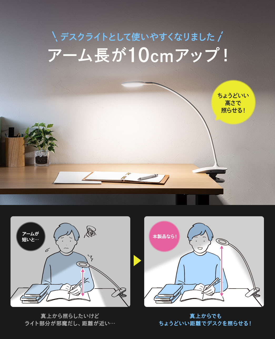 アーム長が10cmアップ！デスクライトとして使いやすくなりました