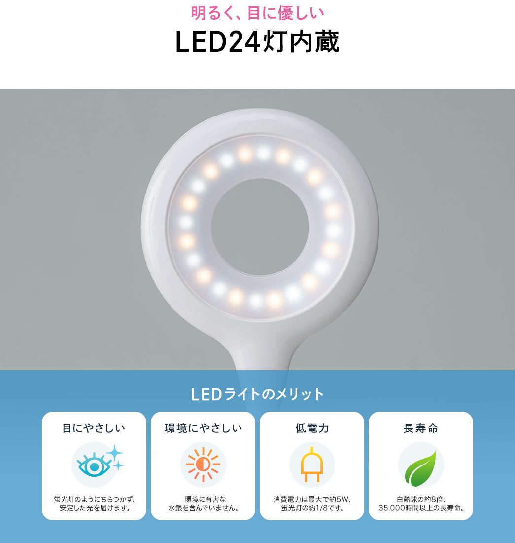 明るく、目に優しい LED24灯内蔵