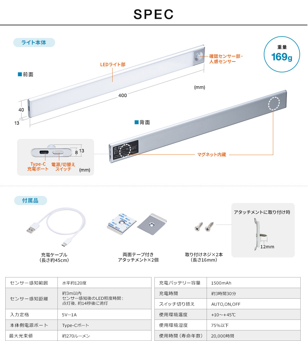 SPEC 重量169g ライト本体 付属品