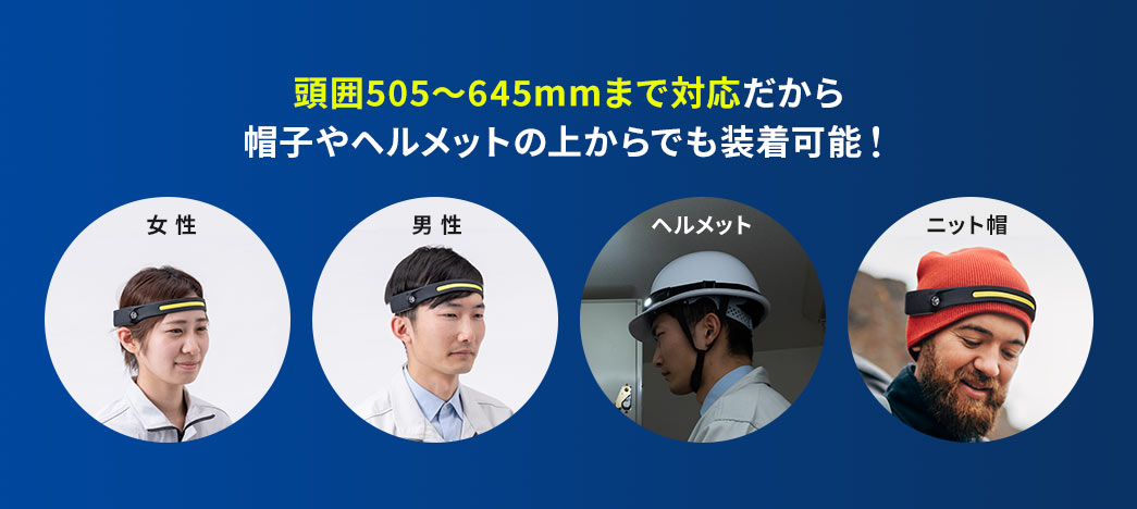 頭囲505～645mmまで対応だから帽子やヘルメットの上からでも装着可能！