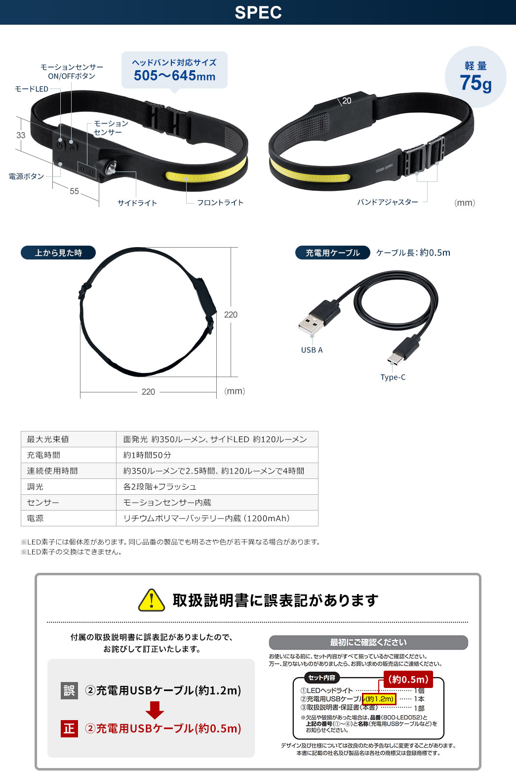 SPEC ヘッドバンド対応サイズ505～645mm 軽量75g