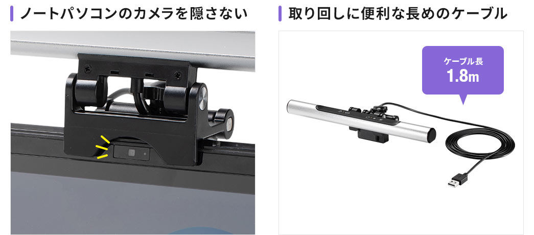 ノートパソコンのカメラを隠さない 取り回しに便利な長めのケーブル ケーブル長1.8m