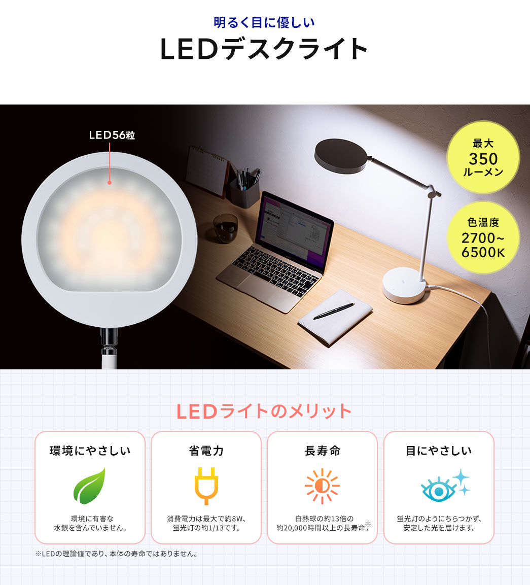 明るく目に優しいLEDデスクライト 最大350ルーメン 色温度2700～6500K LEDライトのメリット