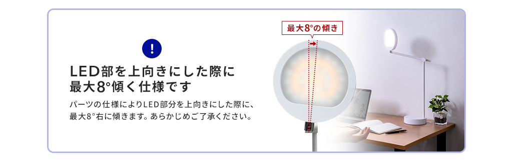 LED部を上向きにした際に最大8度傾く仕様です