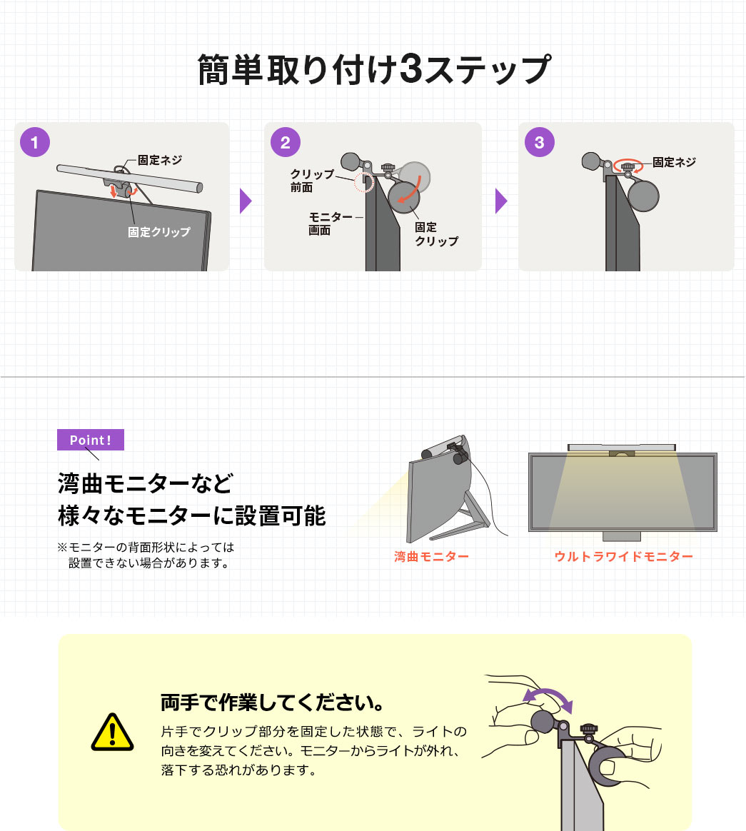 簡単取り付け3ステップ 湾曲モニターなど様々なモニターに設置可能