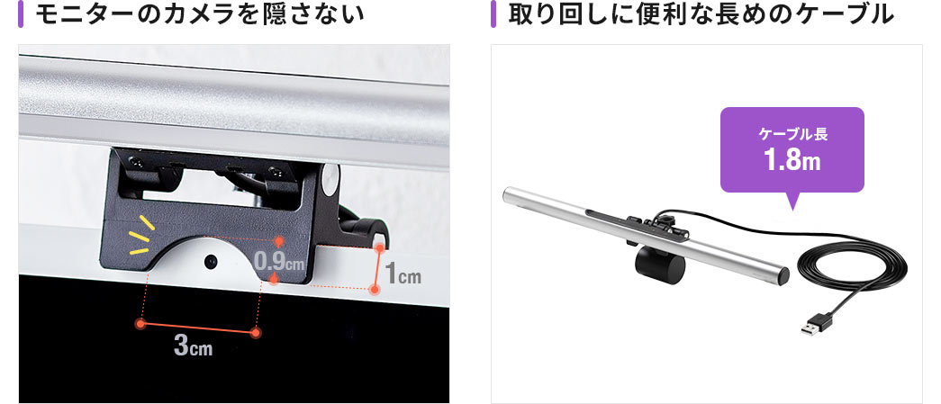 モニターのカメラを隠さない 取り回しに便利な長めのケーブル