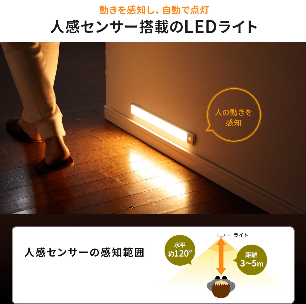 動きを感知し、自動で点灯 人感センサー搭載のLEDライト