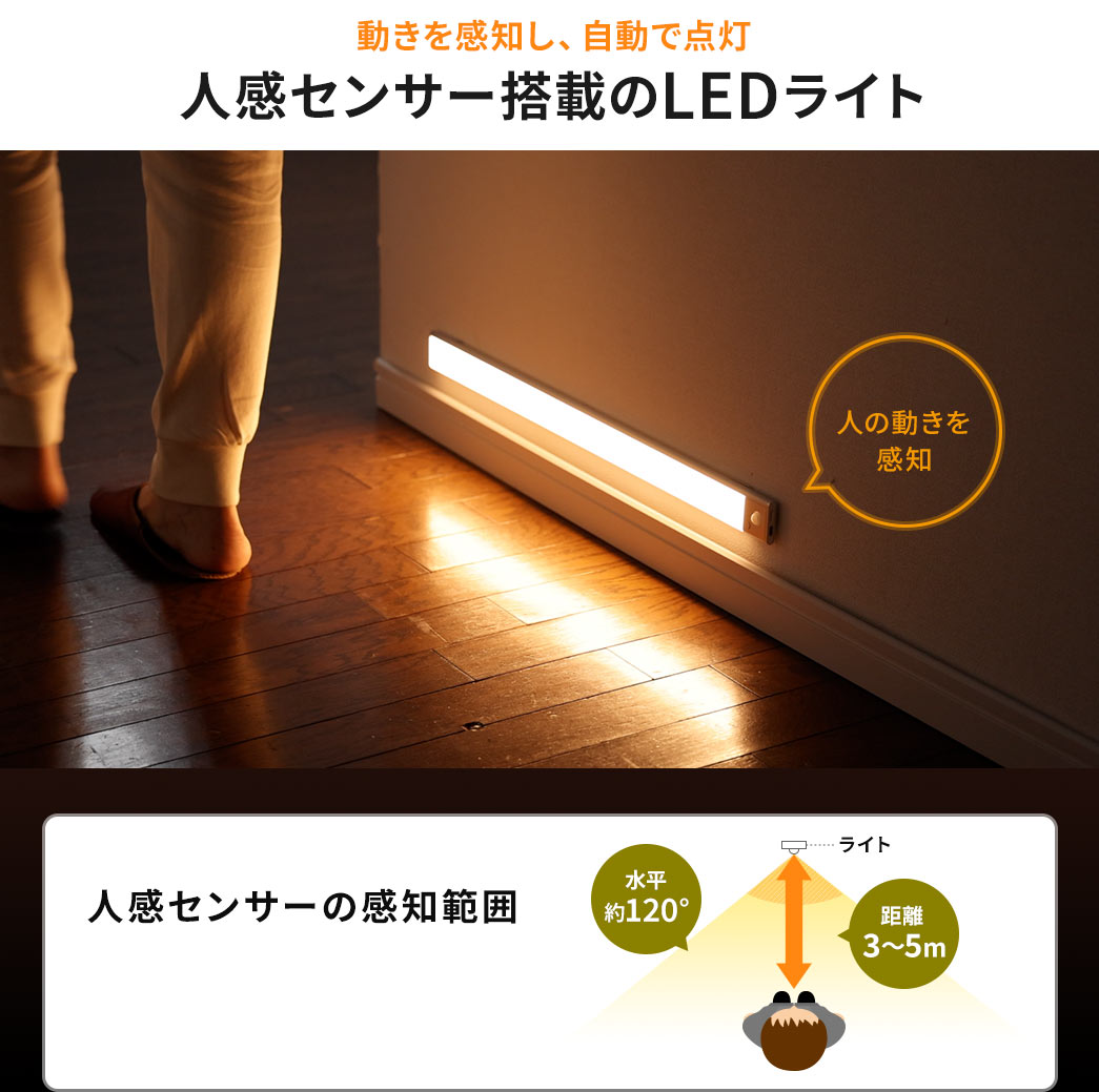 動きを感知し、自動で点灯 人感センサー搭載のLEDライト