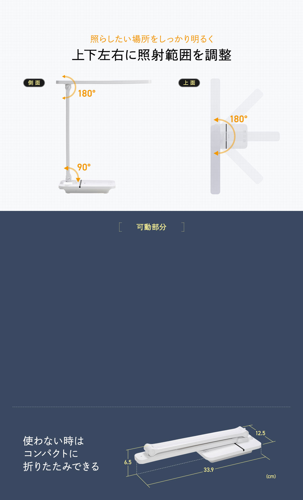 照らしたい場所をしっかり明るく上下左右に照射範囲を調整