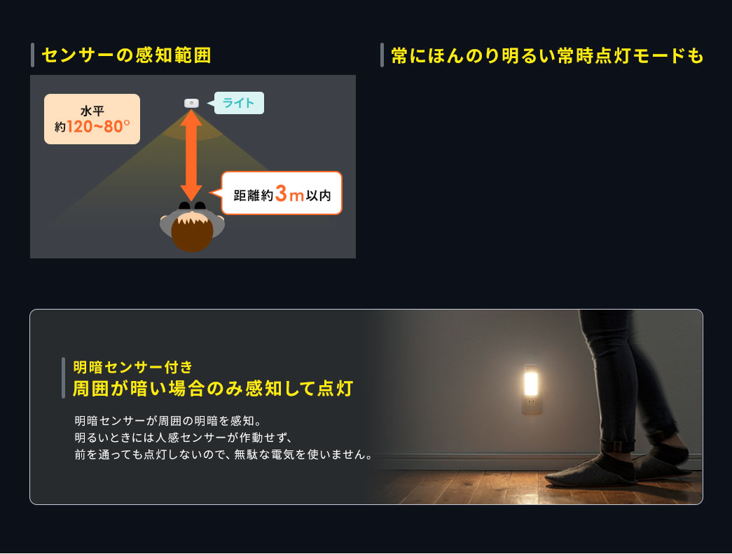 センサーの感知範囲 常にほんのり明るい常時点灯モードも