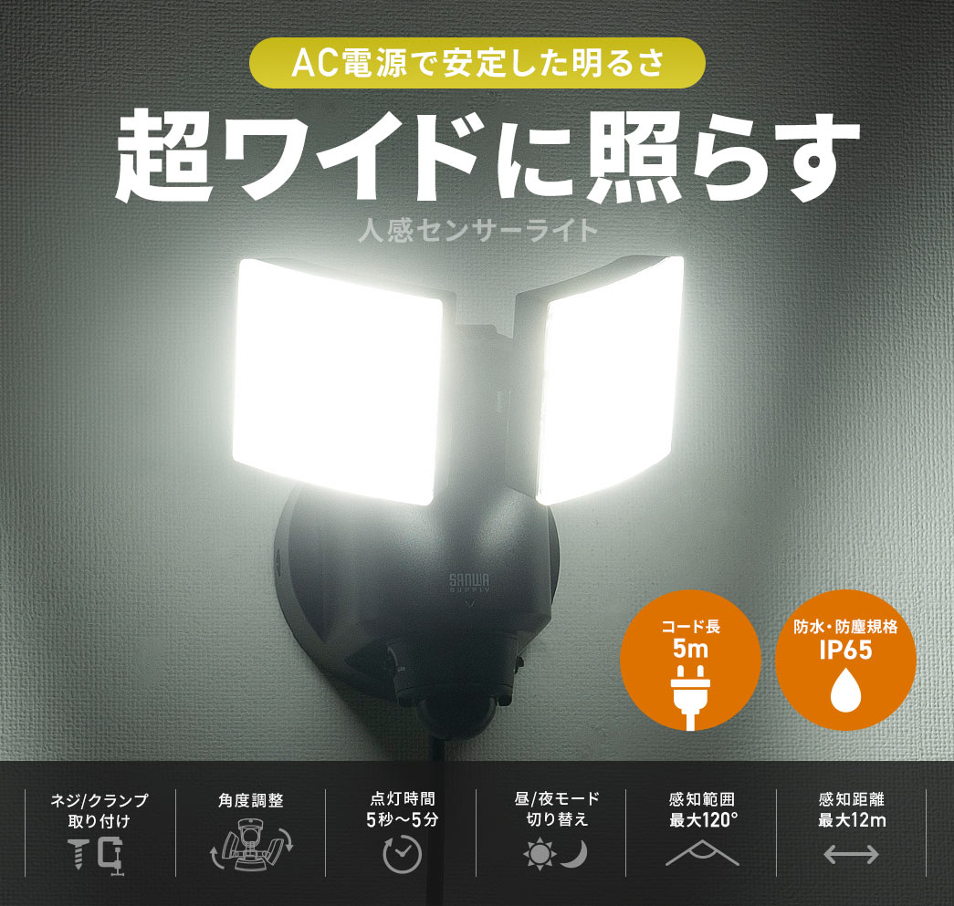 AC電源で安定した明るさ 超ワイドに照らす人感センサーライト