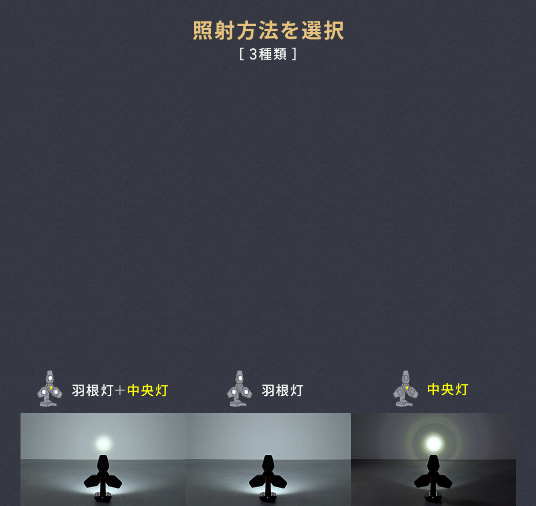 照射方法は、羽根灯＋中央灯、羽根灯、中央灯の3段階。
