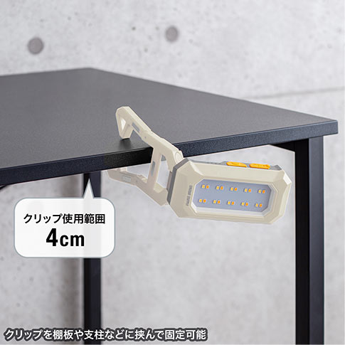 クリップ使用範囲4cmでクリップを棚板や支柱などに挟んで固定可能です。