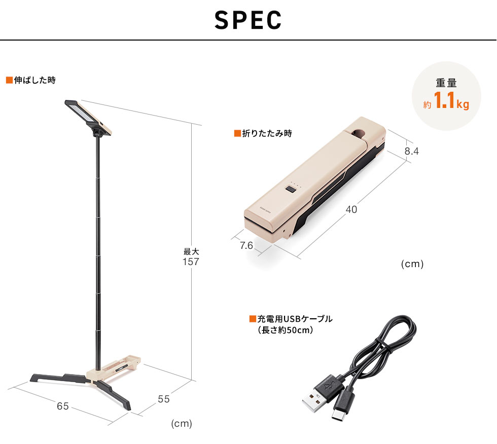 SPEC：サイズは伸ばした時で幅65cm×奥行き55cm×高さ最大157cm、折りたたみ時は幅7.6cm×奥行き40cm×8.4cm。重量は約1.1kgで長さ約50cmの充電用USBケーブルを付属しています。